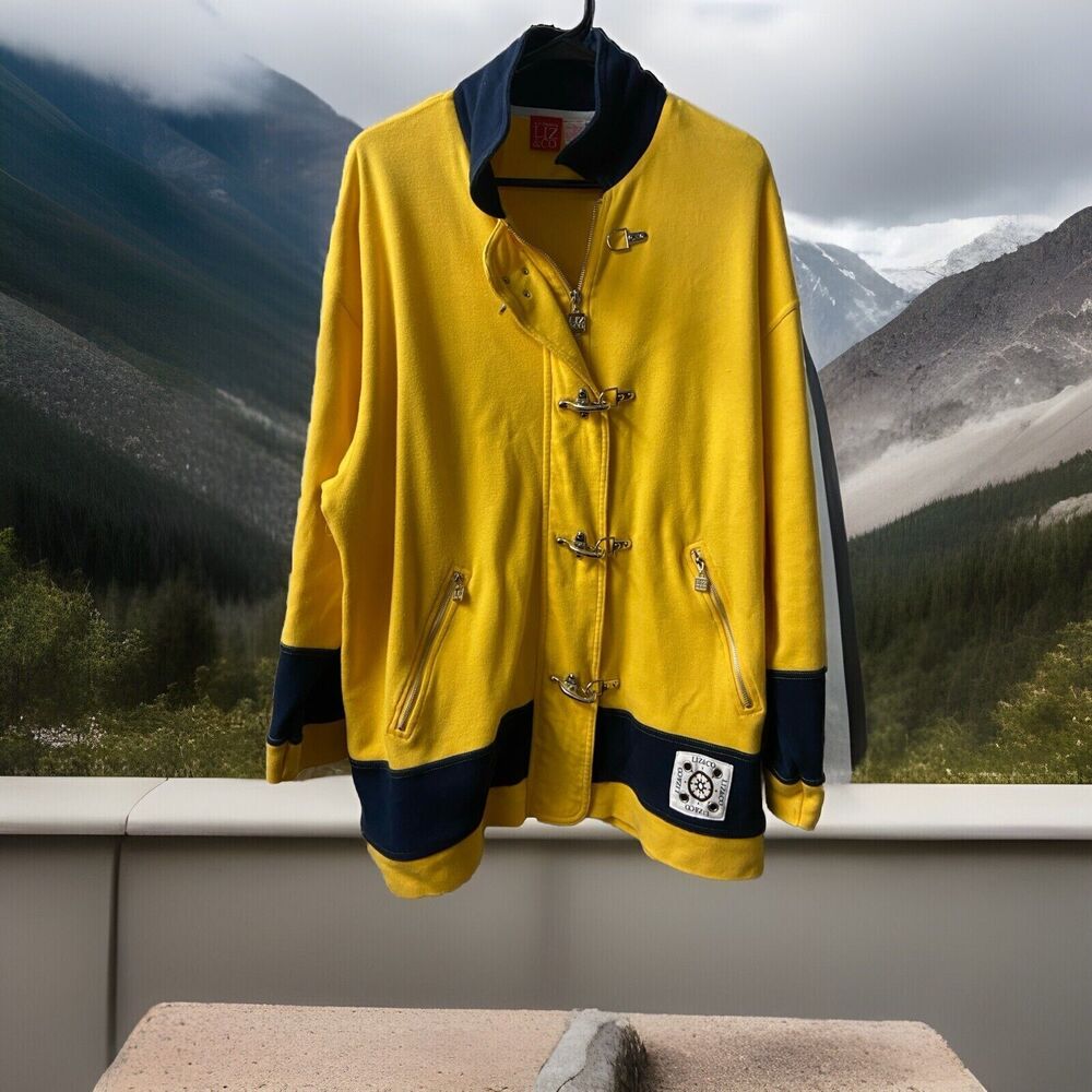 Liz & Co Nautical Buckle Jacket Womens Large Yellow Blue Heavy Jersey Full Zip